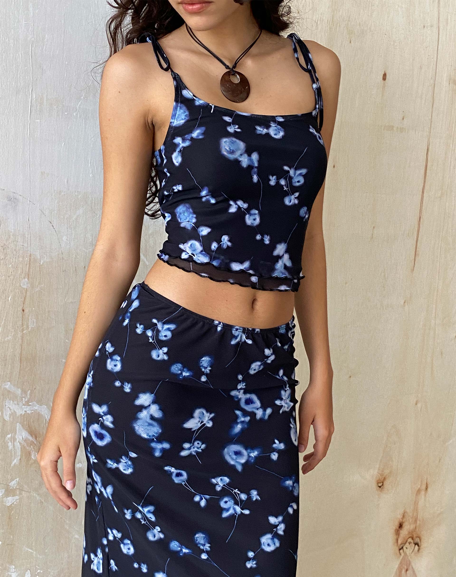 Tamari Tie Detail Mesh Vest Top in Diffused Floral Navy - Awmao