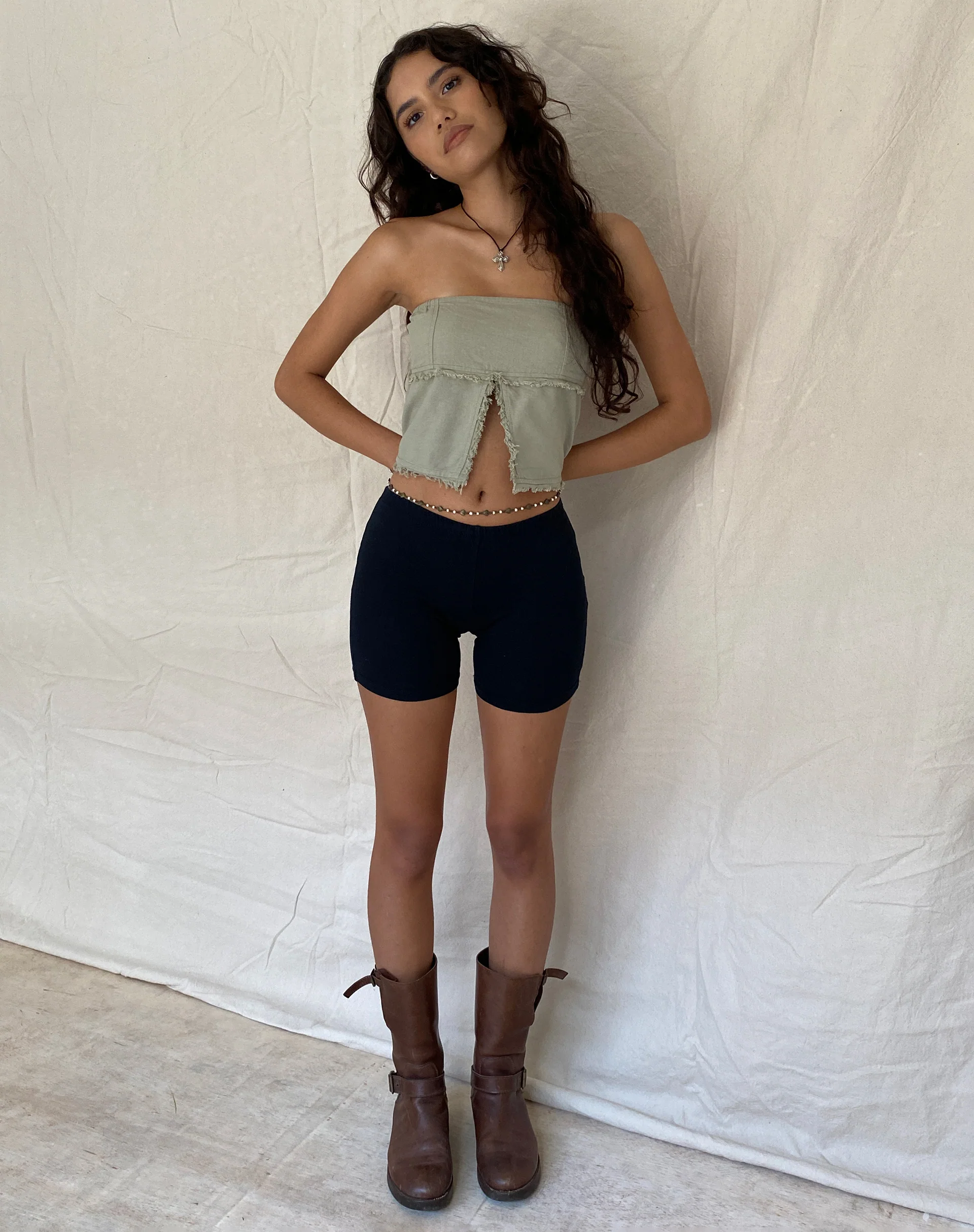 Enzie Butterfly Bandeau Top in Slate Green Linen - Awmao