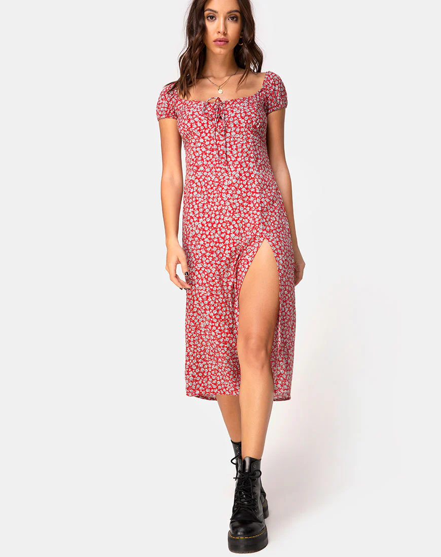 Milla Dress in Ditsy Rose Red Silver - Awmao
