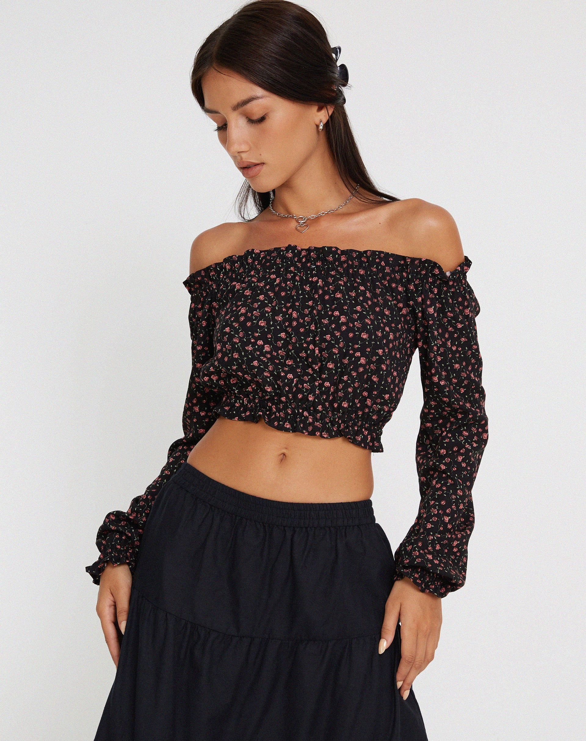 Madley Long Sleeve Bardot Top in Dark Pink Rose Black - Awmao
