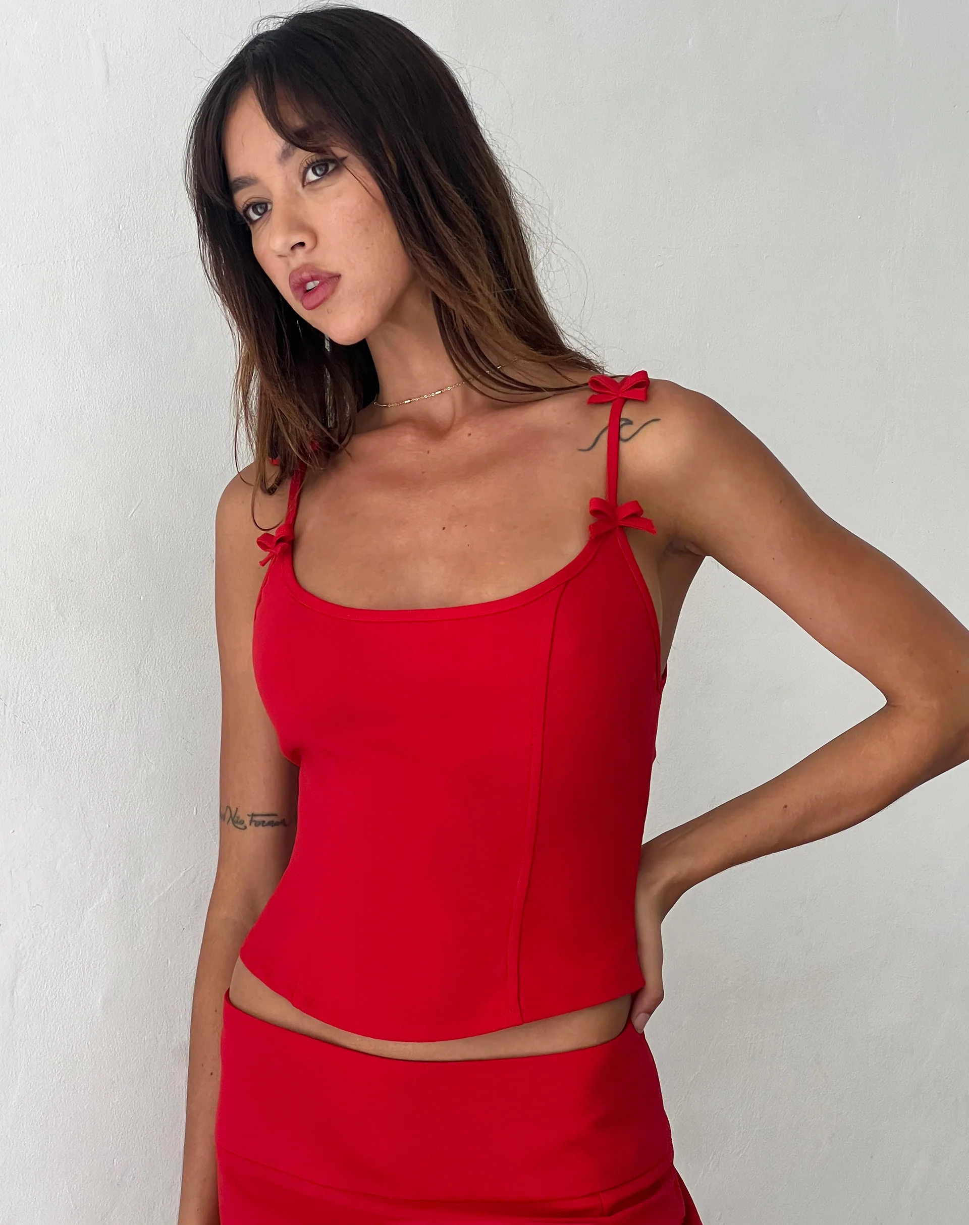 Kaida Bow Detail Corset Top in Tailoring Red - Awmao