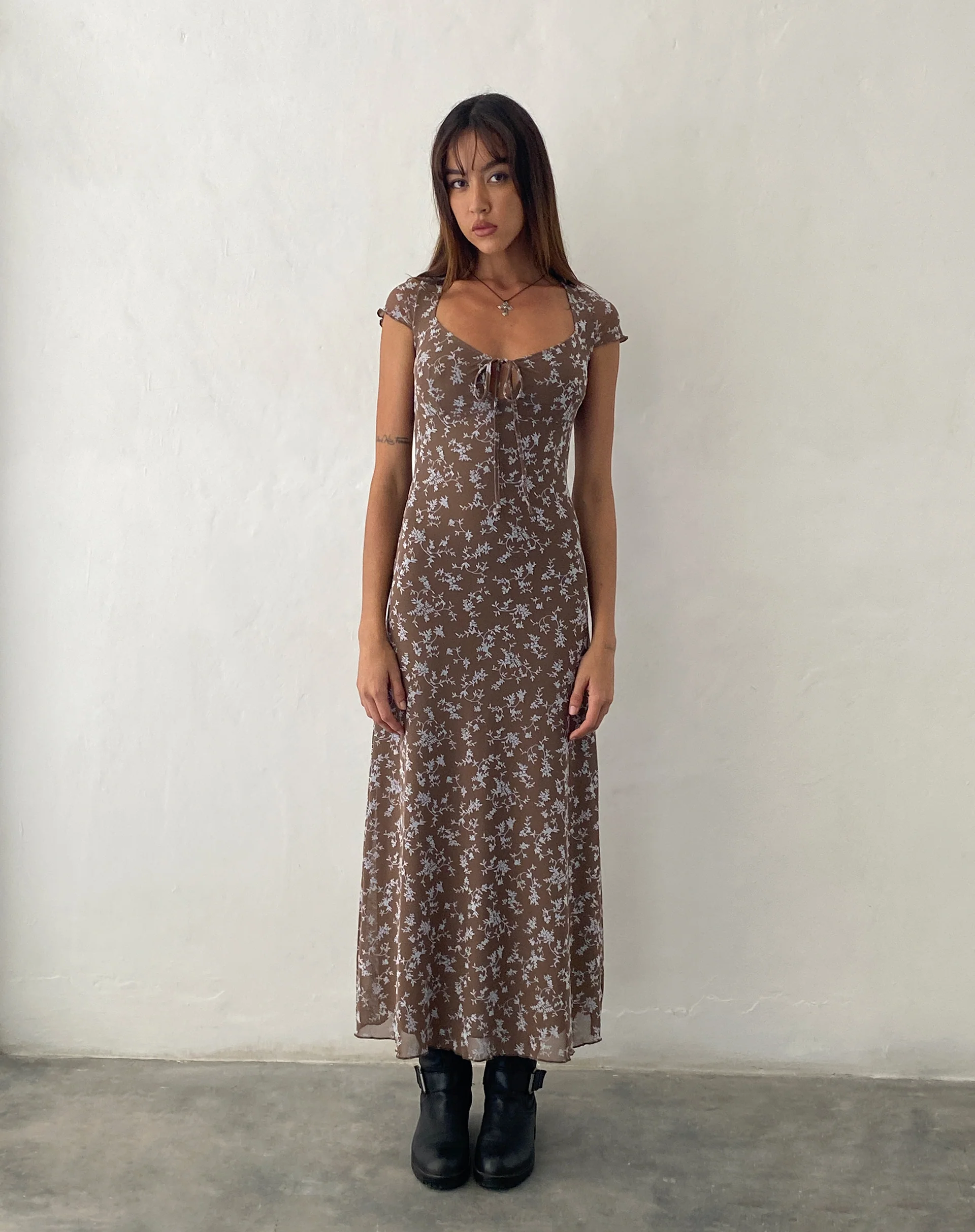 Lunama Midi Dress in Botanist Flock Dark Taupe - Awmao