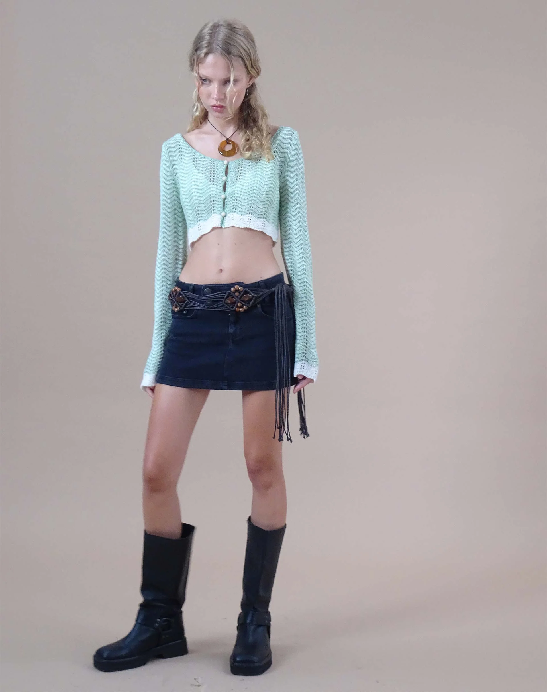 Aesha Cropped Cardigan in Sage Cream - Awmao