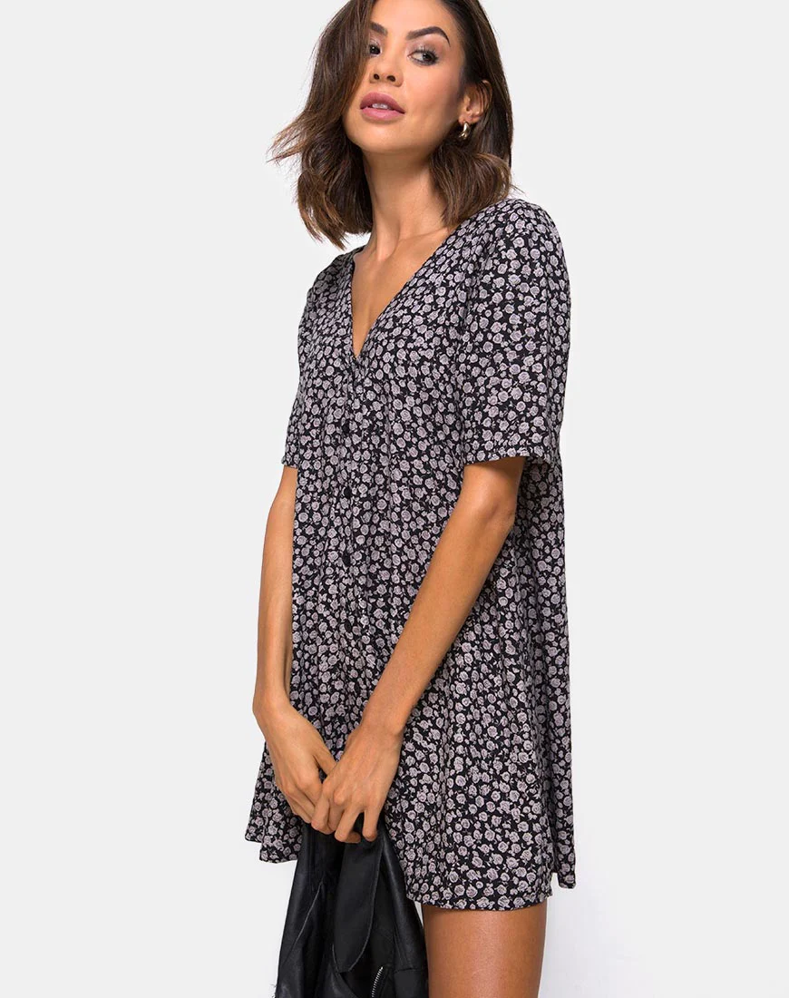 Crosena Swing Dress in Ditsy Rose Black - Awmao
