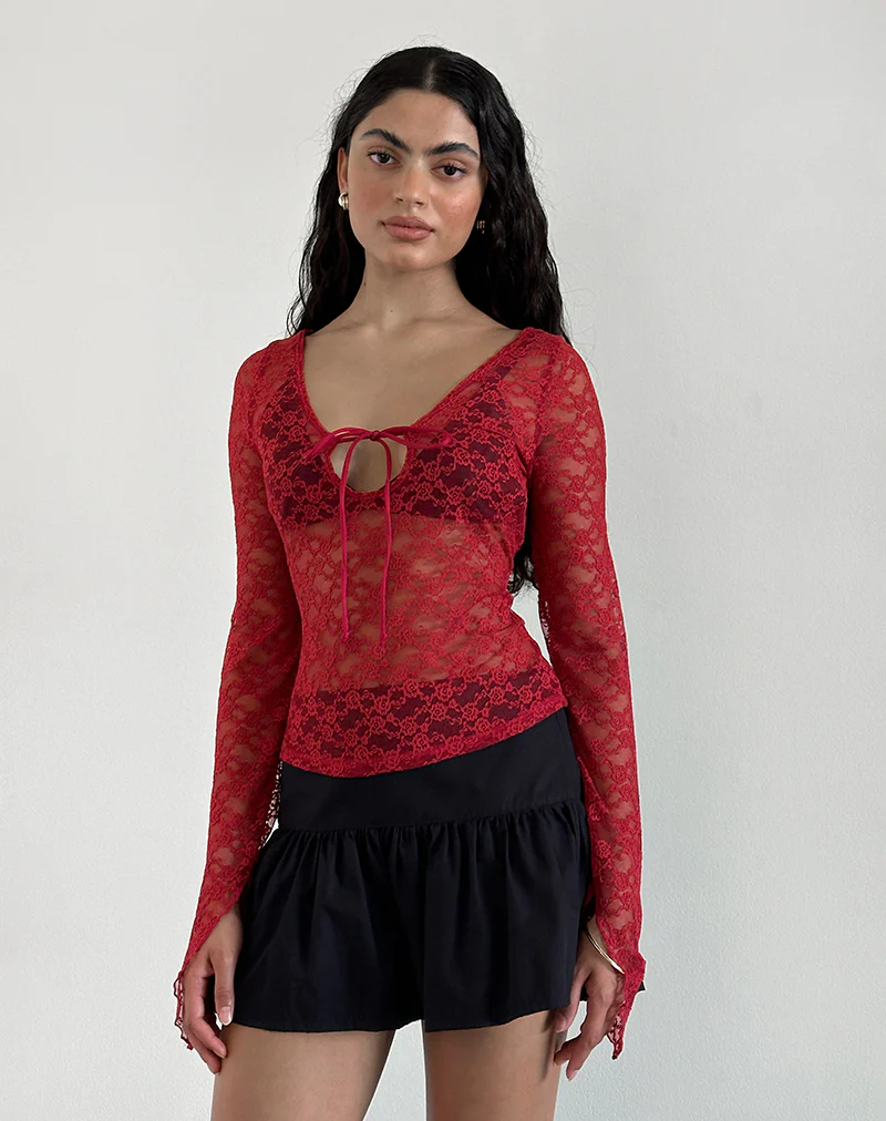 Natasha Tie Front Top in Mari Lace Red - Awmao
