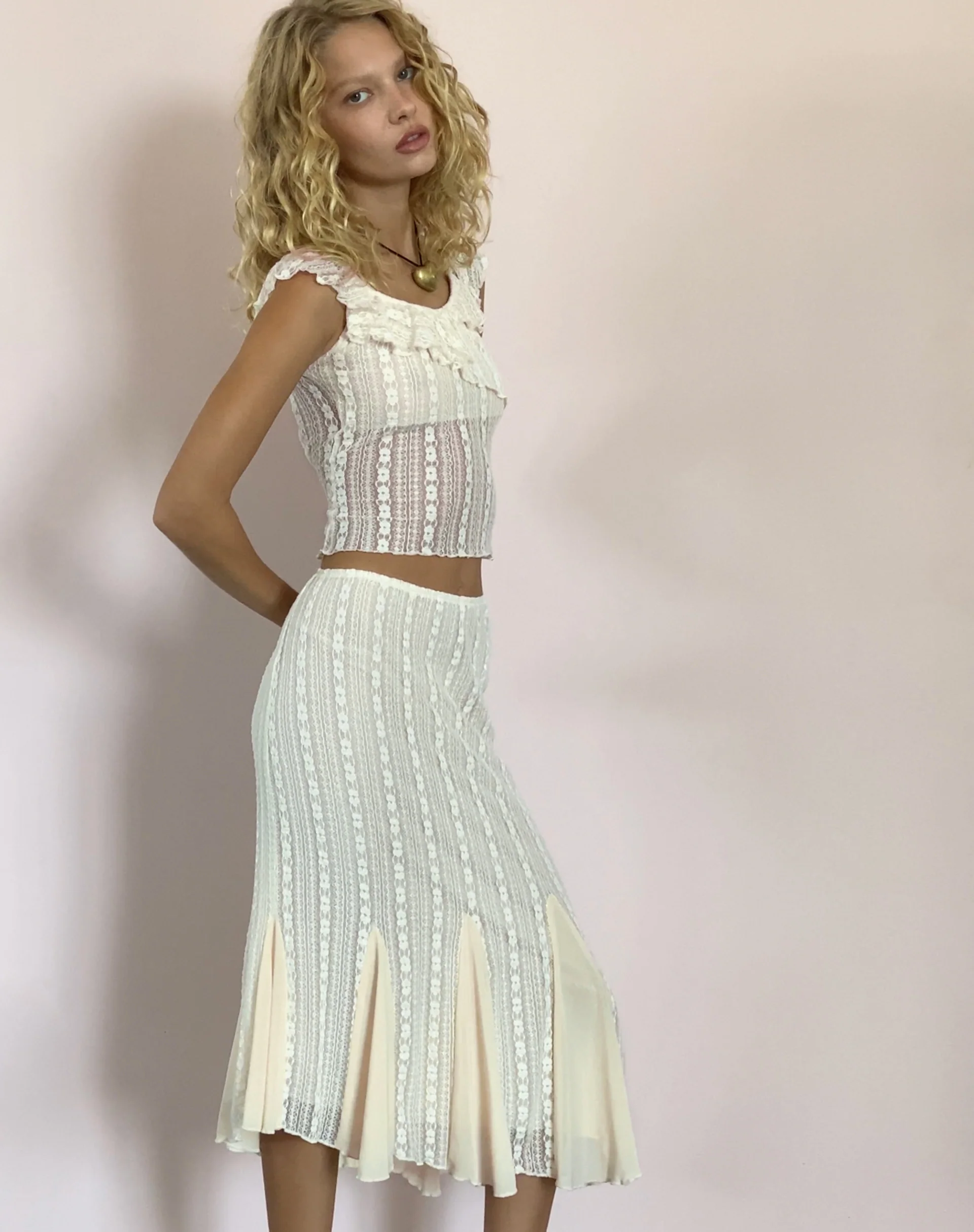 Betharia Frill Detail Midi Skirt in Cream Lace - Awmao
