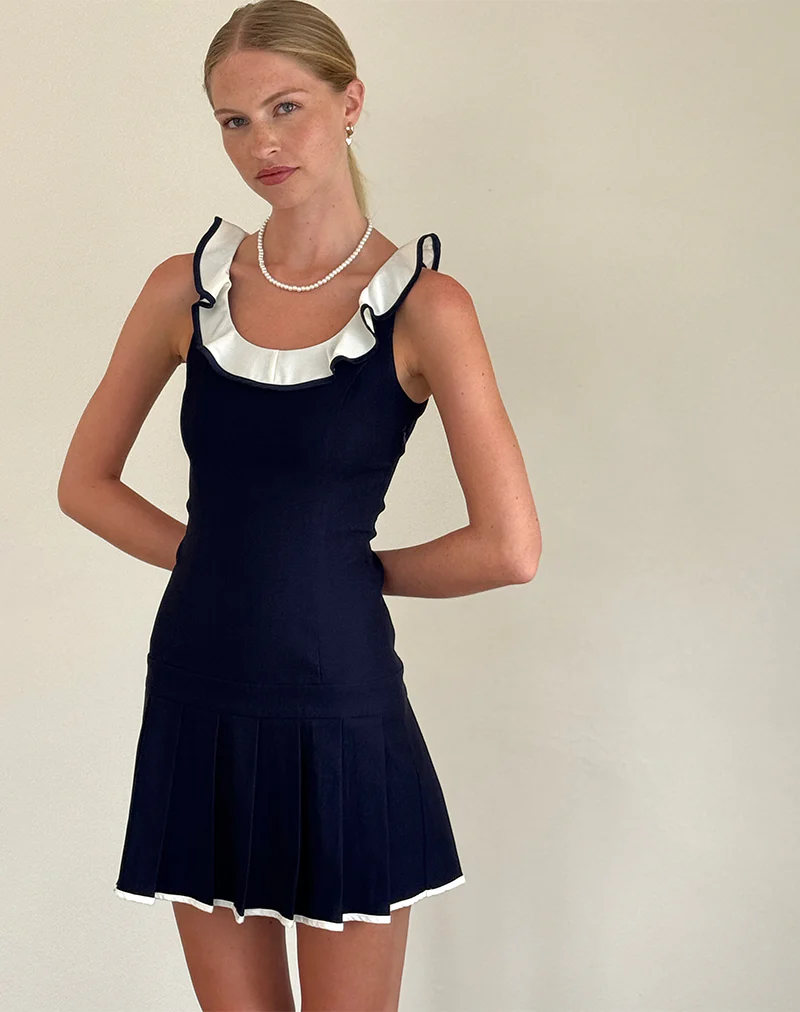 Busari Frill Neck Mini Dress in Navy - Awmao
