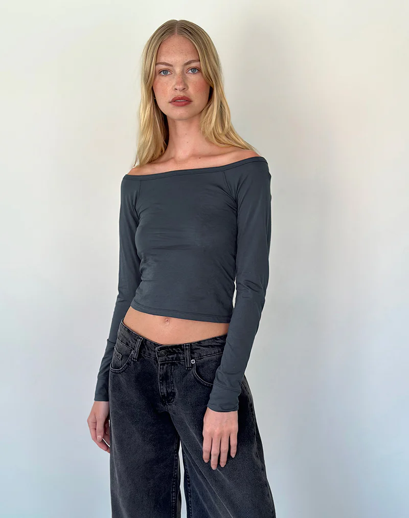Gavya Long Sleeve Bardot Top in Ocean Storm Jersey - Awmao