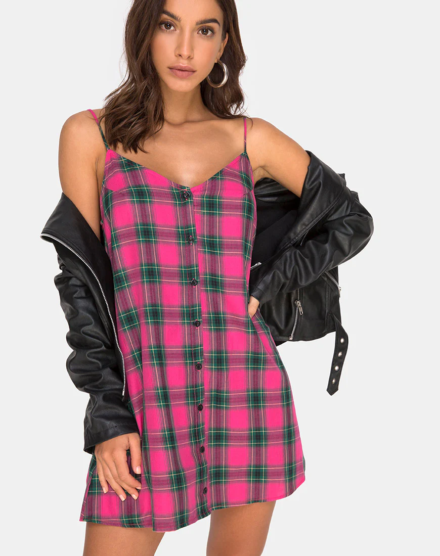 Sanna Slip Dress in Pink and Green Check - Awmao