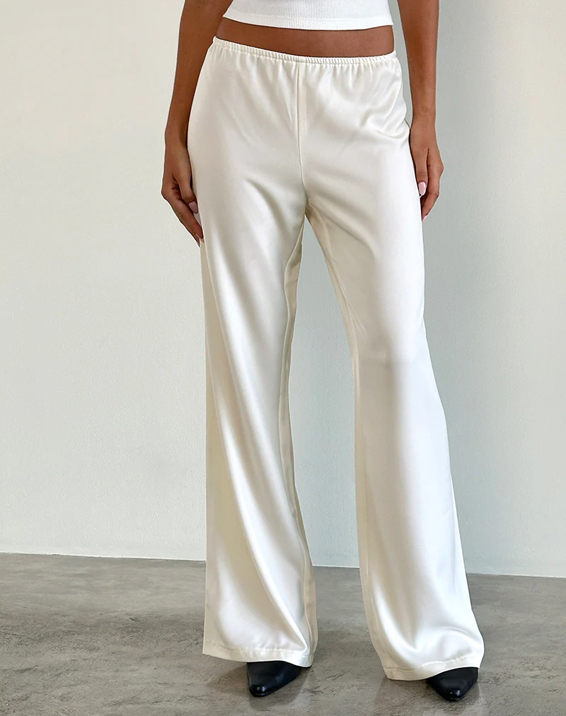 Waski Wide Leg Trouser in Satin Ivory - Awmao