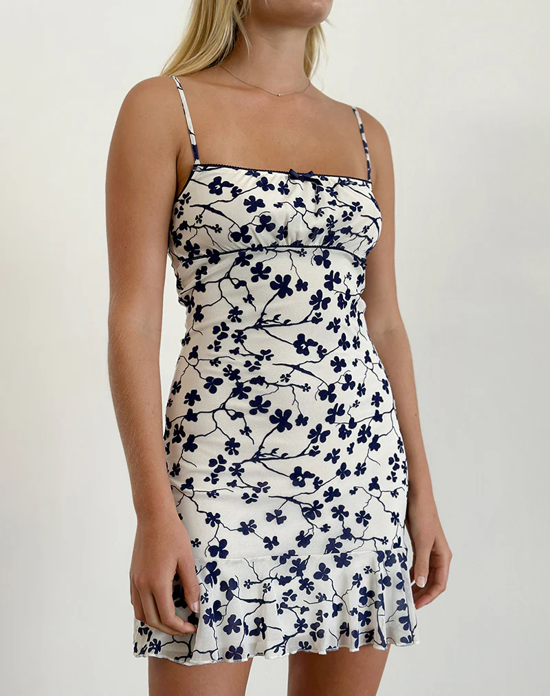 Tery Mini Dress in Grunge Floral Flock Cream - Awmao