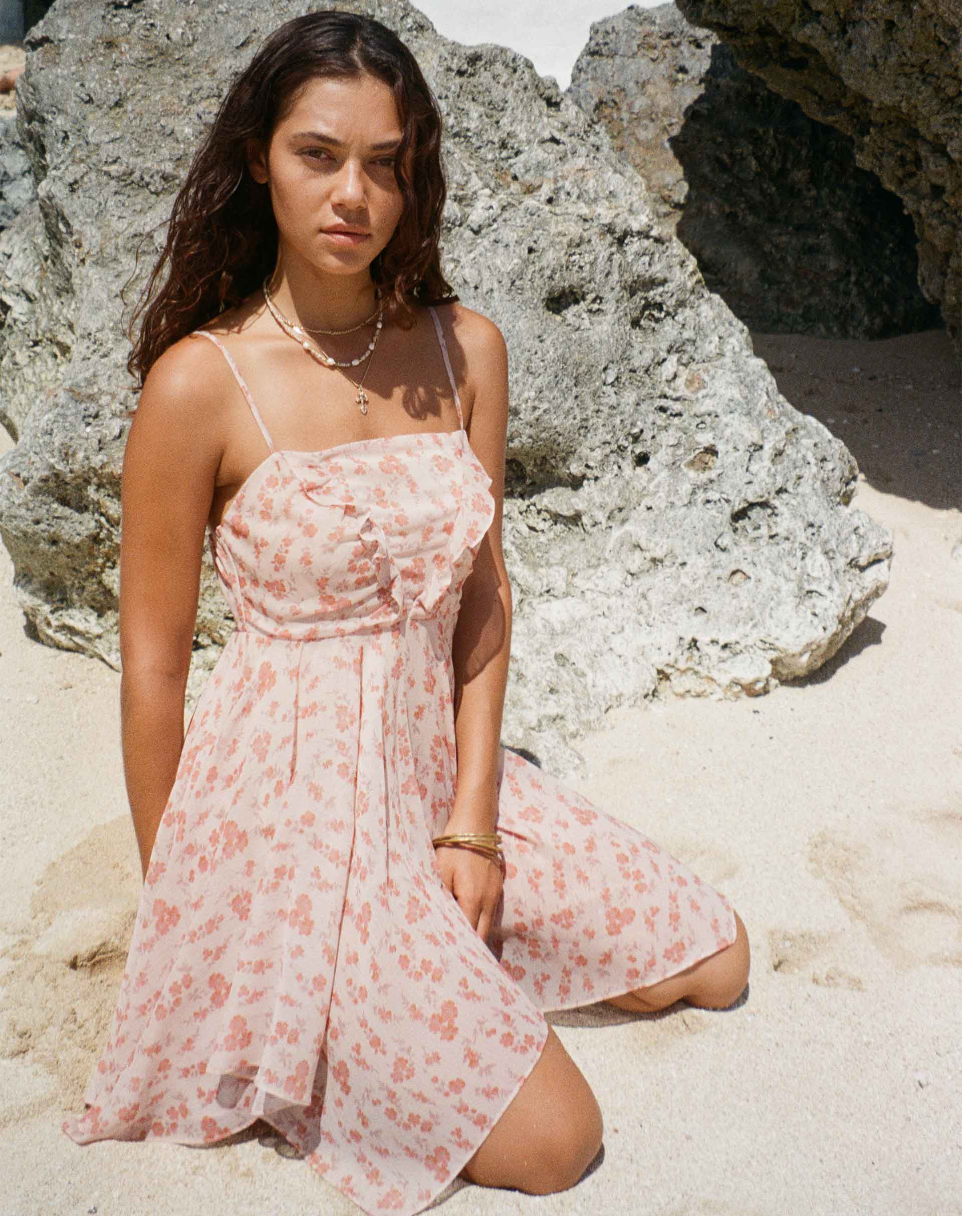 Raftar Frill Chiffon Mini Dress in Peach Cherry Blossom - Awmao