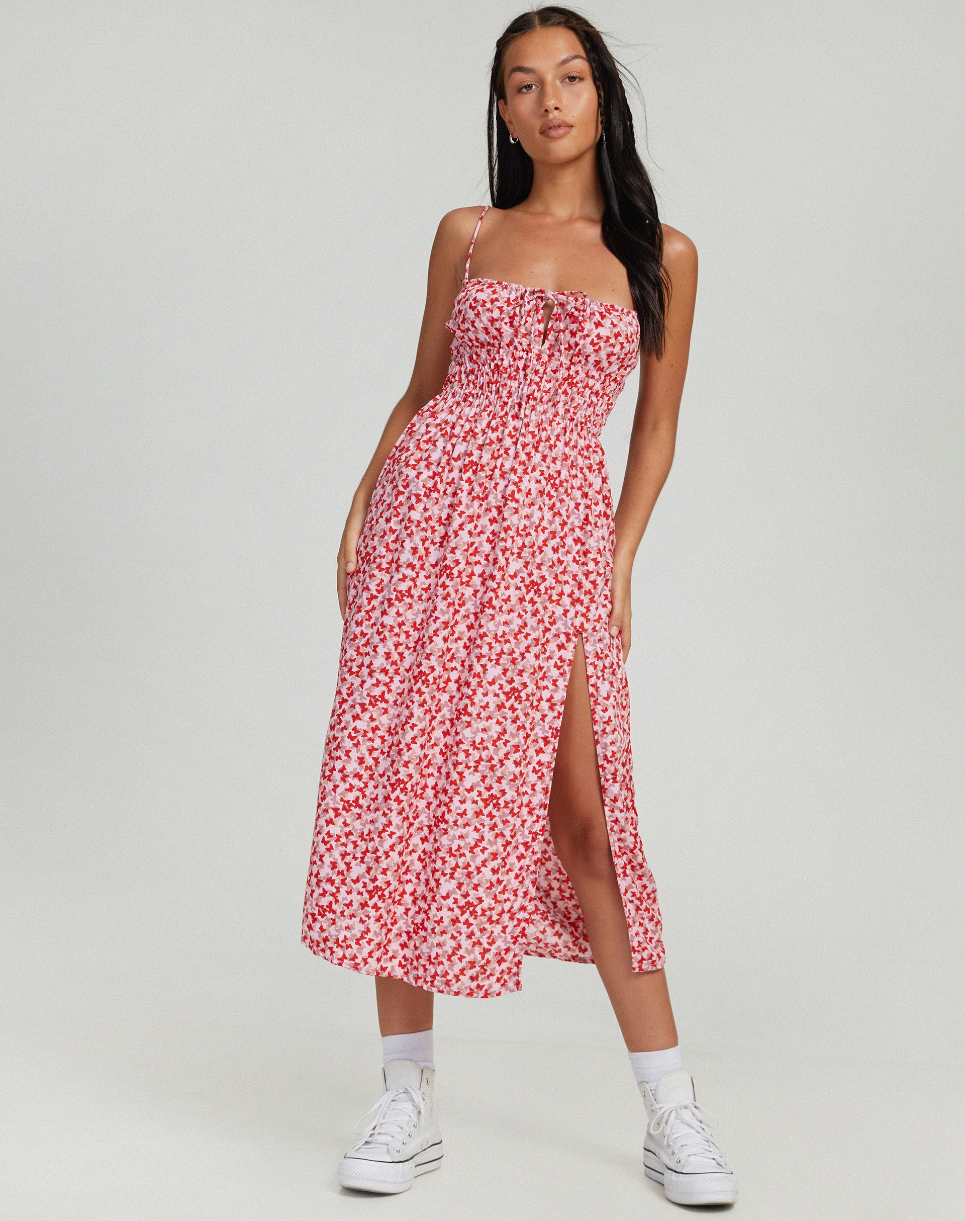 Jeyro Midi Dress in Ditsy Butterfly Peach and Red - Awmao