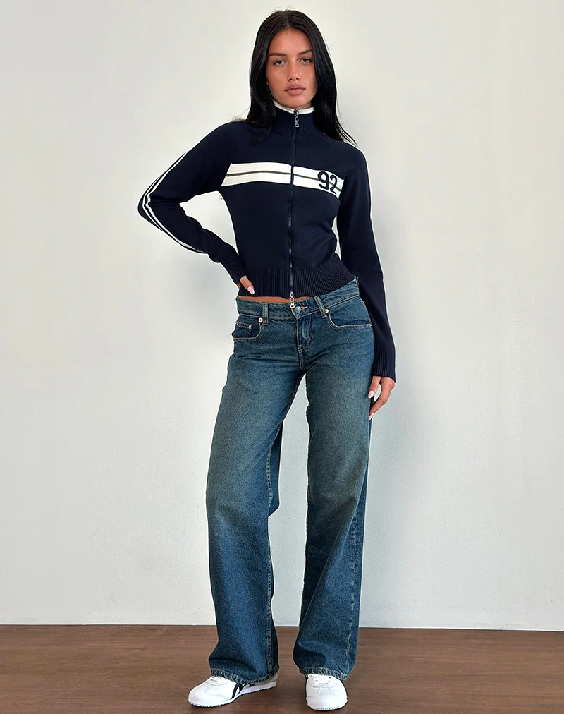 Takiya Zip Through Jacket in Deep Navy with 92 Design - Awmao