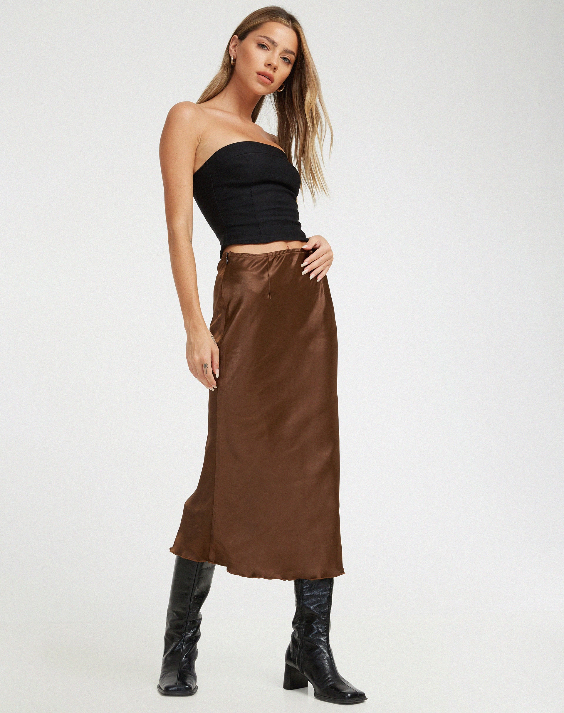 Goya Midi Skirt in Satin Bitter Chocolate - Awmao