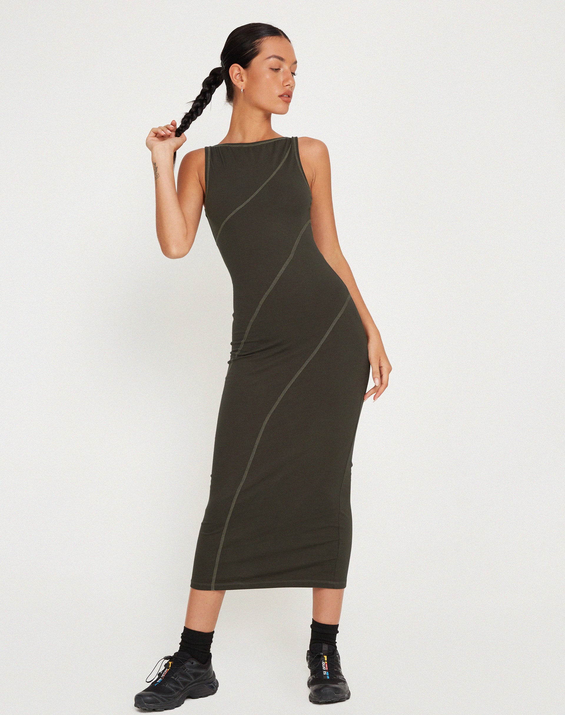 Driki Midi Dress in Gunmetal with Grey Top Stitch - Awmao