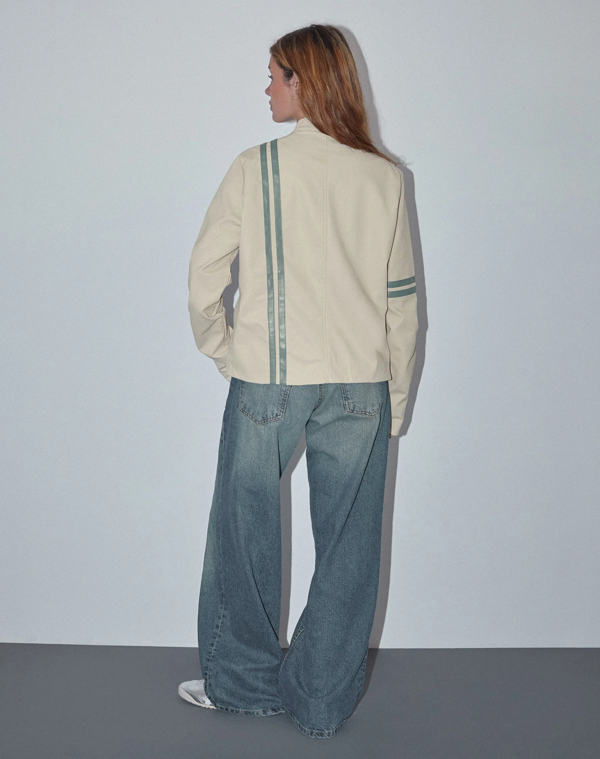 Lewis Jacket in Cream PU with Blue Stripe - Awmao