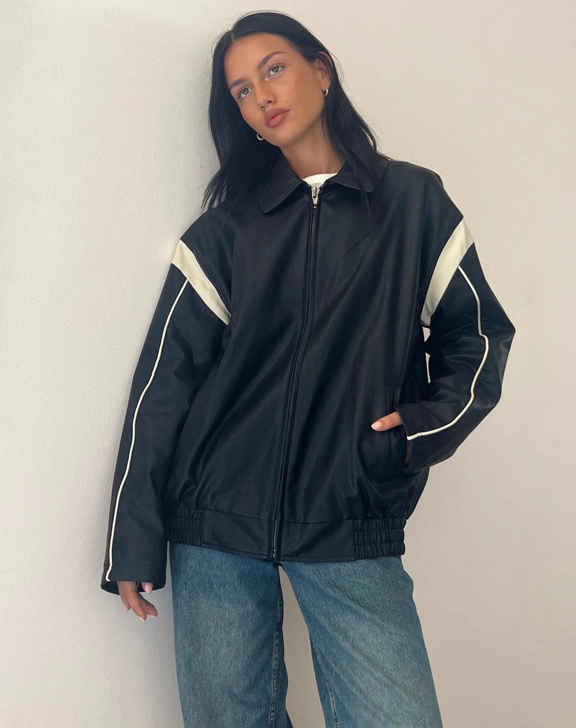 Corvina PU Jacket in Black with Ivory - Awmao