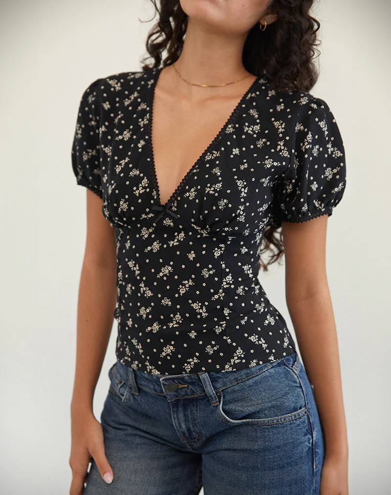 Elvita Top in Floral Land Black - Awmao