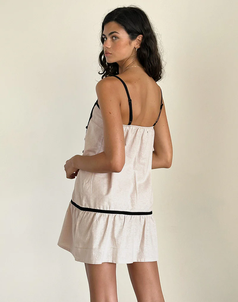 Berin Mini Tea Dress in Linen Ecru with Black Binding - Awmao