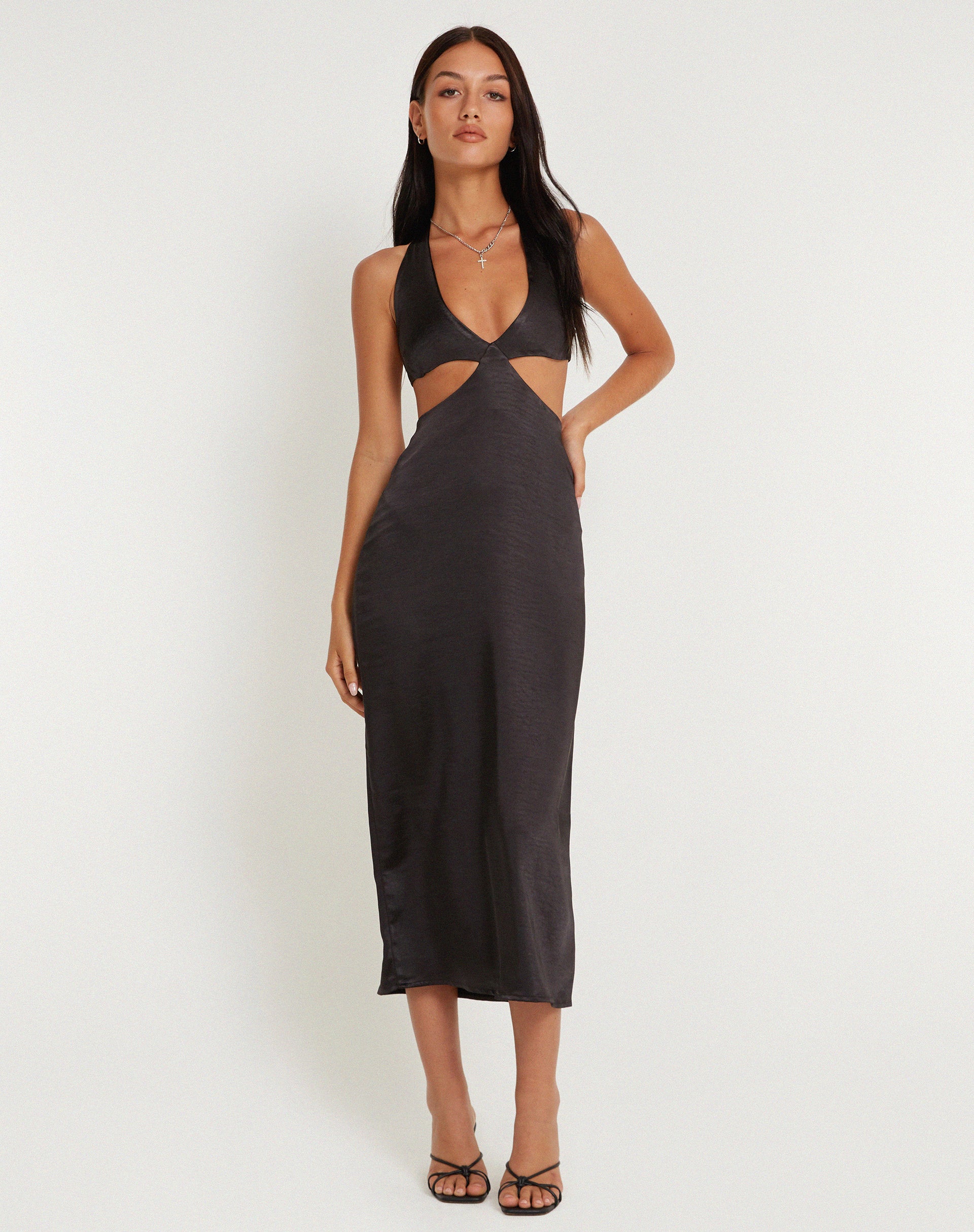 Shalini Midi Dress in Satin Black - Awmao