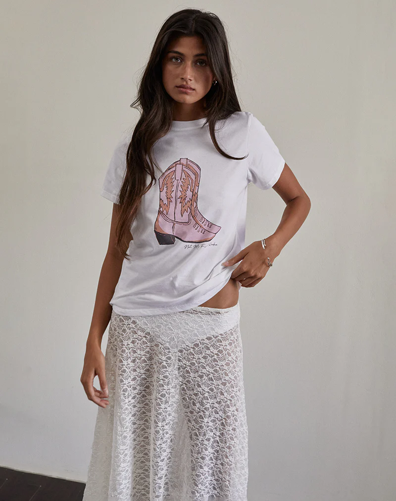 Saki Tee in White with Pink Cowboy Boot Print - Awmao