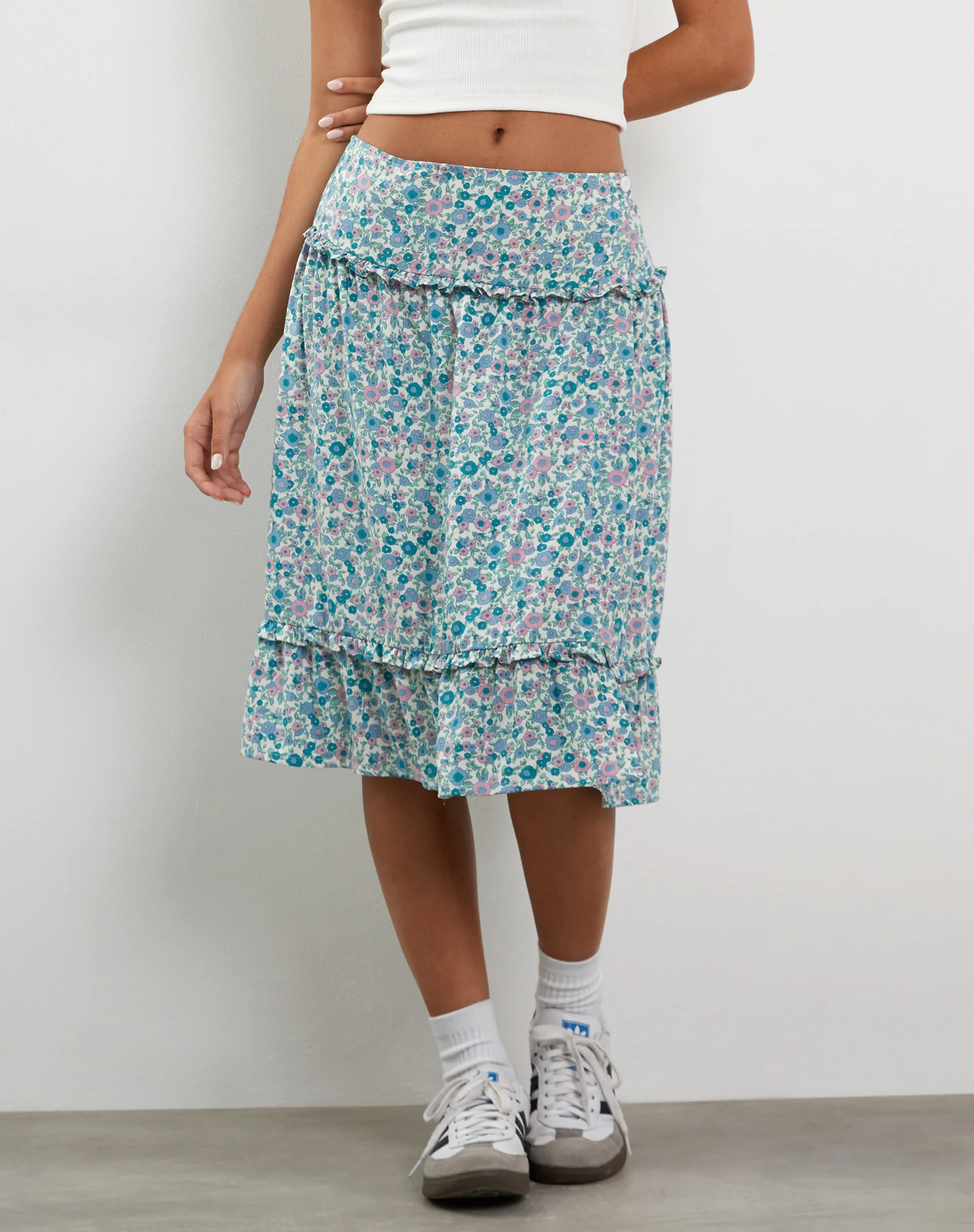 Kasya Frill Hem Midi Wrap Skirt in Flower Power Blue - Awmao