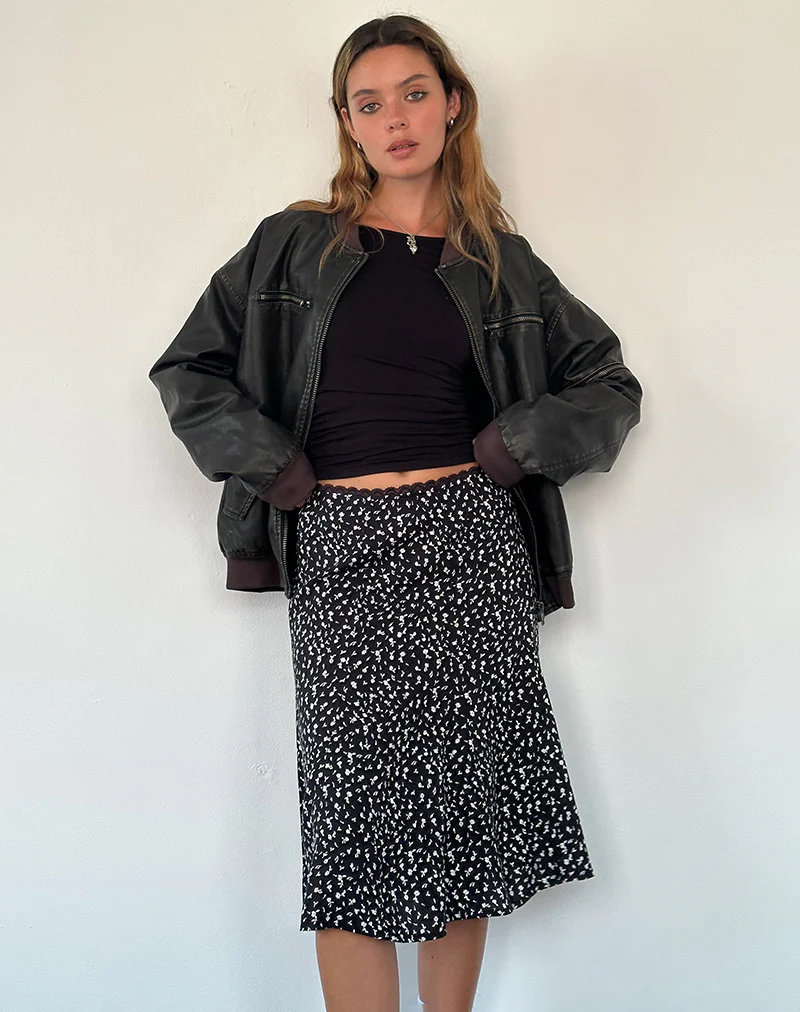 Rahyu Midi Skirt in Black Ditsy Romance - Awmao