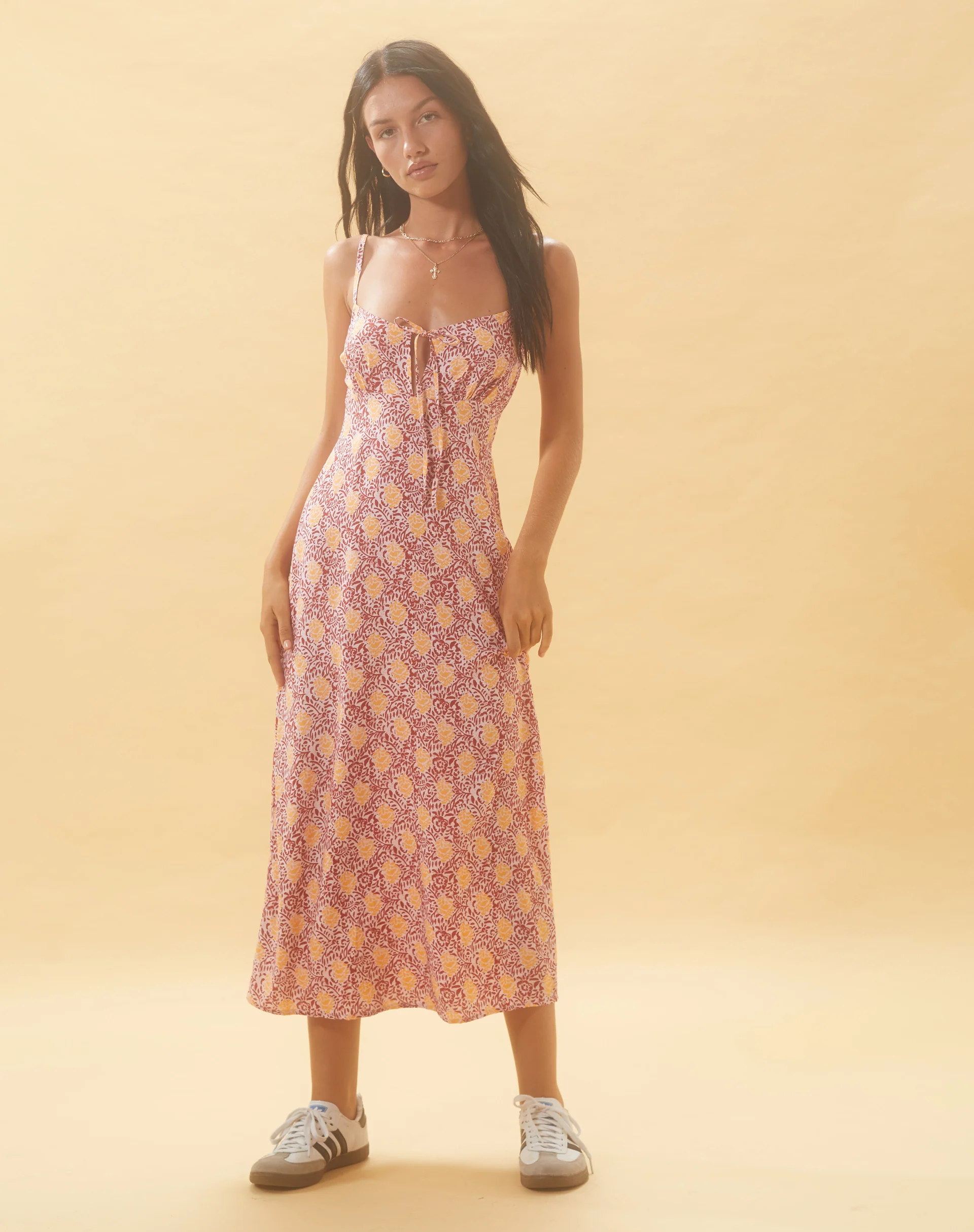 Jelika Midi Dress in Bohemian Batik Maroon Peach - Awmao