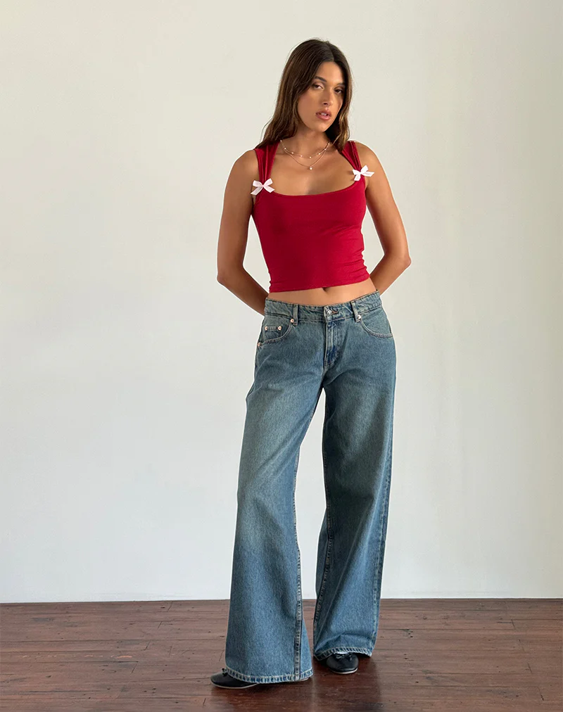 Jiniso Crop Top in Adrenaline Red with Pink Bows - Awmao