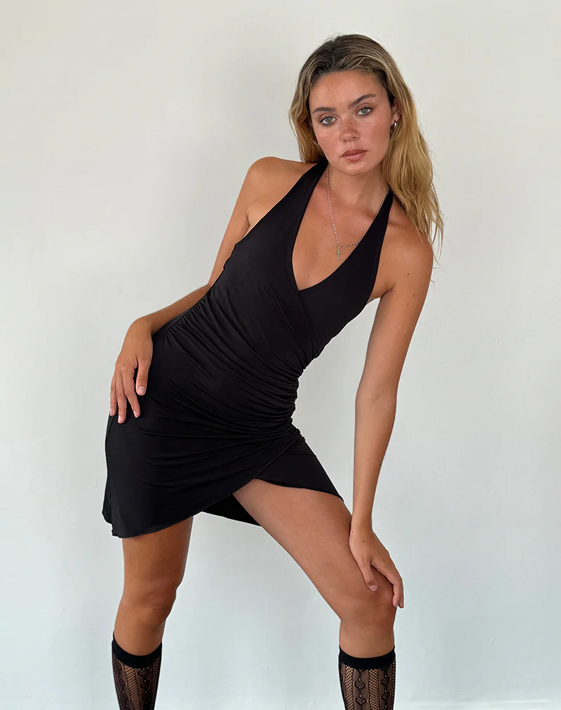 Kyrie Halterneck Wrap Dress in Slinky Black - Awmao