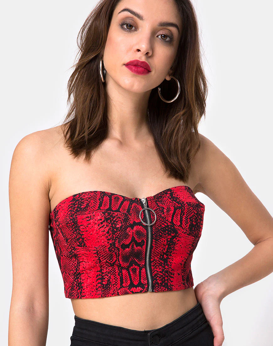 Zipshi Crop Top in Snake Red - Awmao