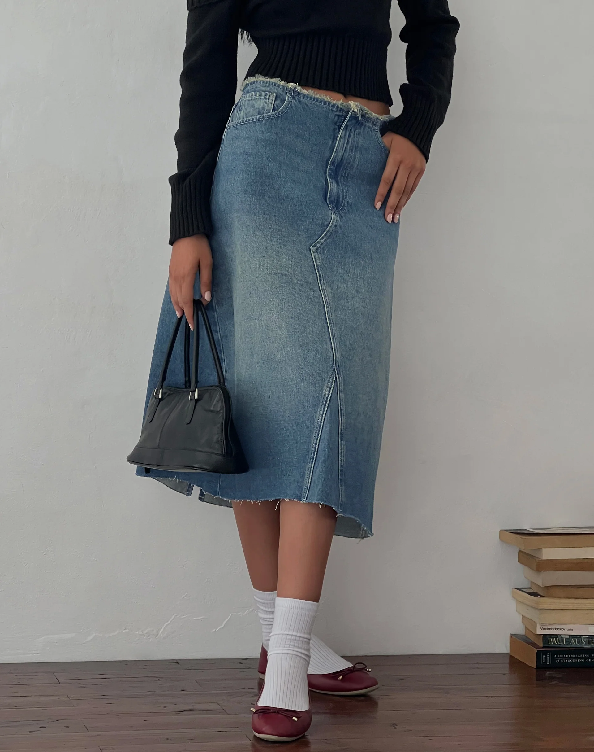 Low Rise Denim Midi Skirt in Vintage Blue Green - Awmao