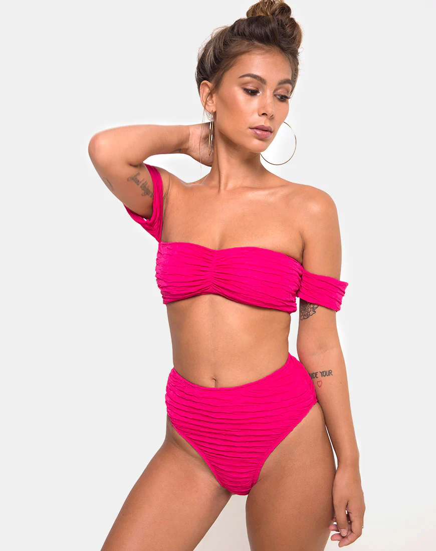 Shaca Bikini Top in 80's Crinkle Pink Highlighter - Awmao