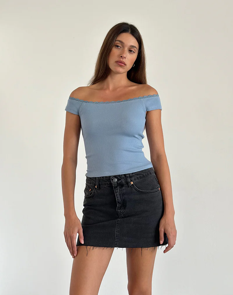 Chacha Ribbed Bardot Top in Nantucket Blue Lace - Awmao