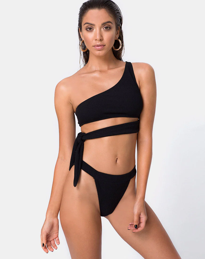 Rawlins Bikini Bottom in Crinkle Rib Black - Awmao
