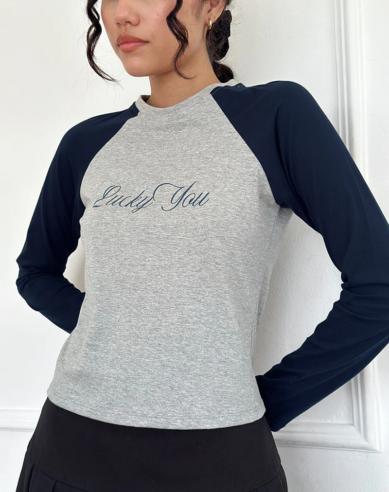 Sabani Top in Grey Marl Navy with Lucky You Print - Awmao