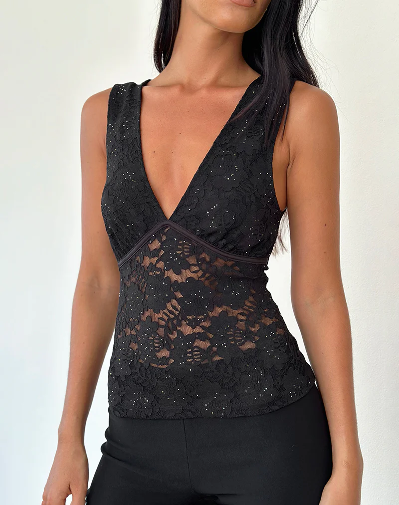 Vishata Top in Black Sequin Lace - Awmao