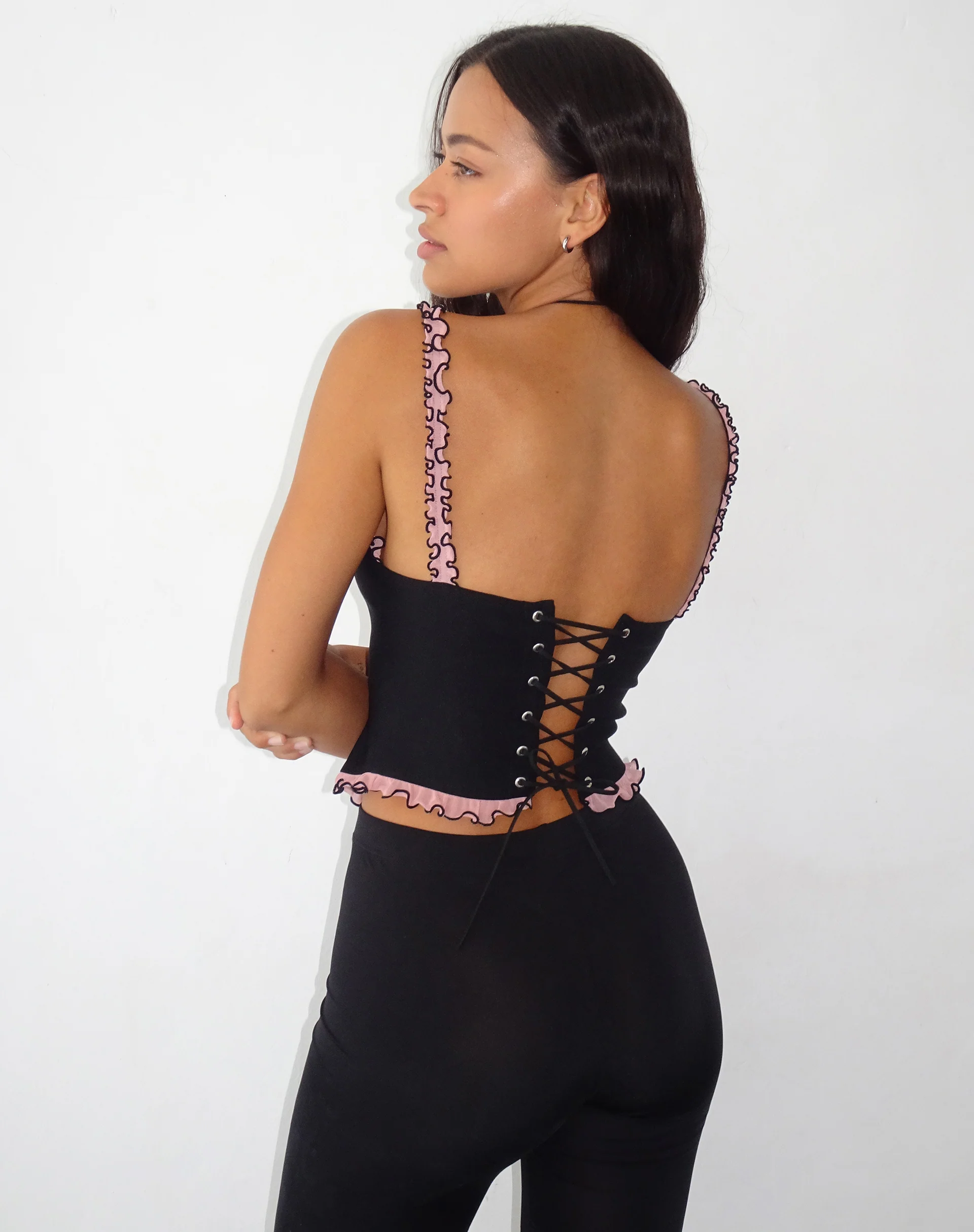 Idalia Corset Top in Black with Pink Mesh Ruffle - Awmao