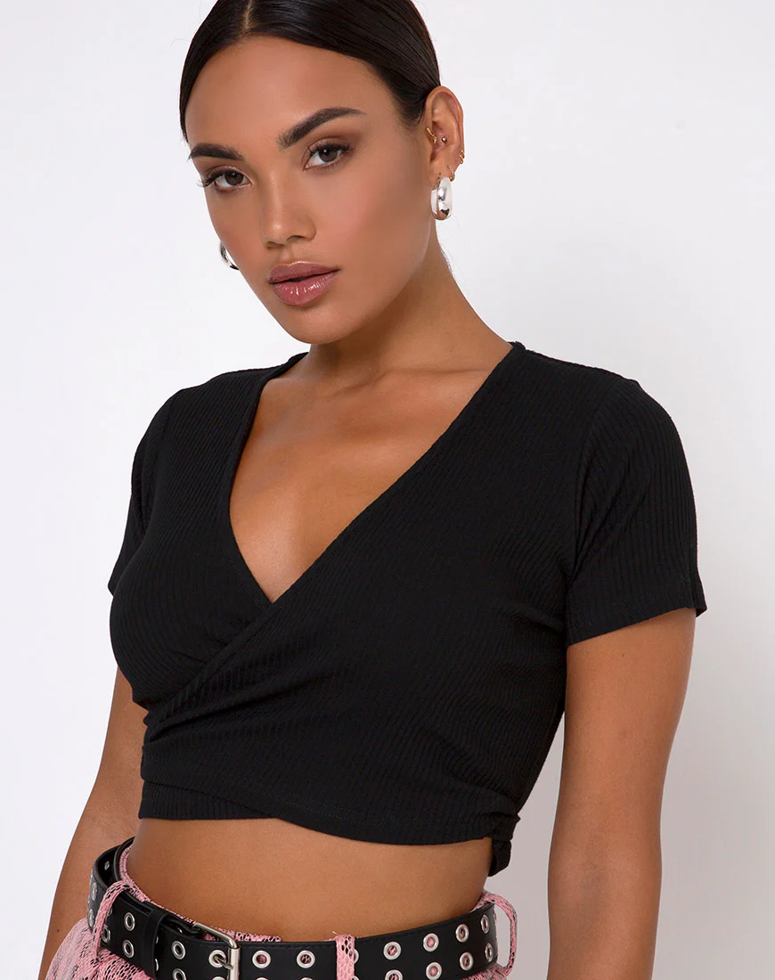 Bria Crop Top in Rib Black - Awmao