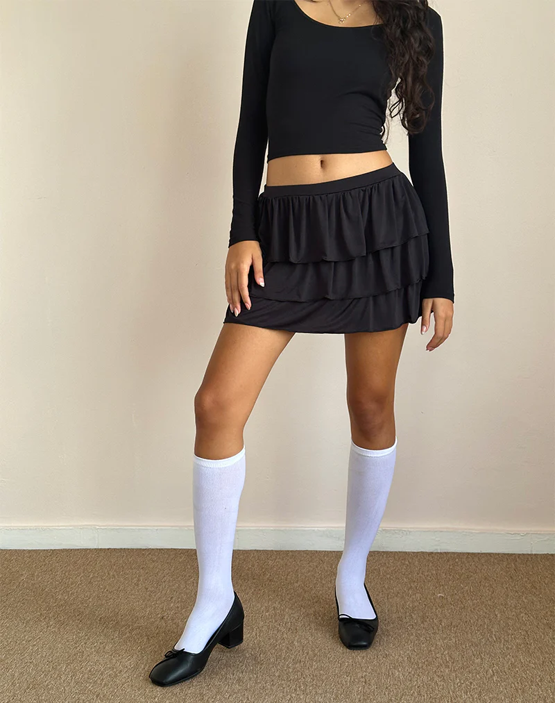Sefone Tiered Mini Skirt in Slinky Black - Awmao