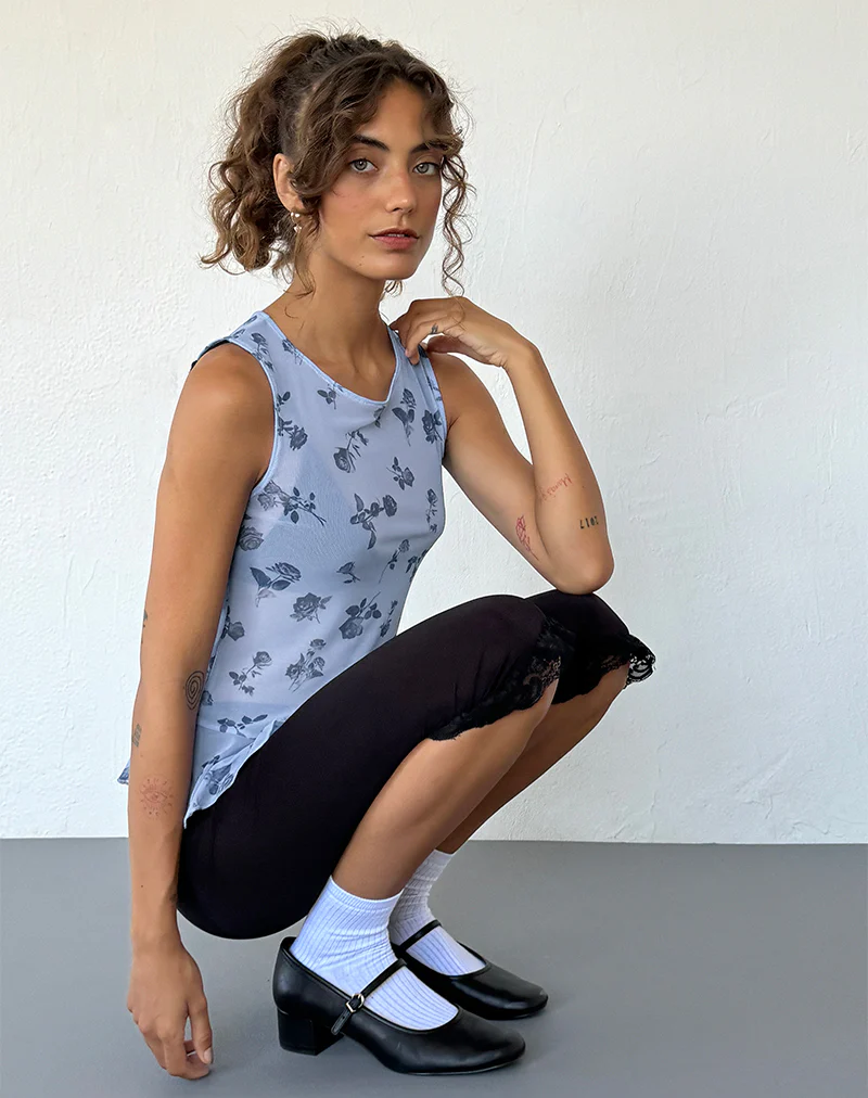 Katnis Top in Inky Blue Floral Mesh - Awmao