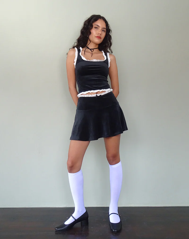 Idina Mini Skirt in Flat Velvet Black - Awmao