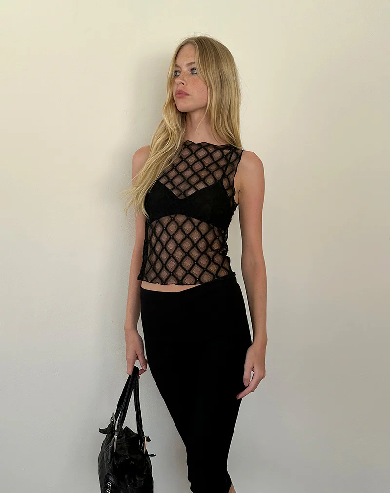 Maloe Lace Patterned Tank Top in Black - Awmao