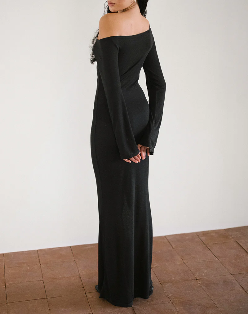 Aldiana Long Sleeve Asymmetric Maxi Dress in Sheer Knit Black - Awmao