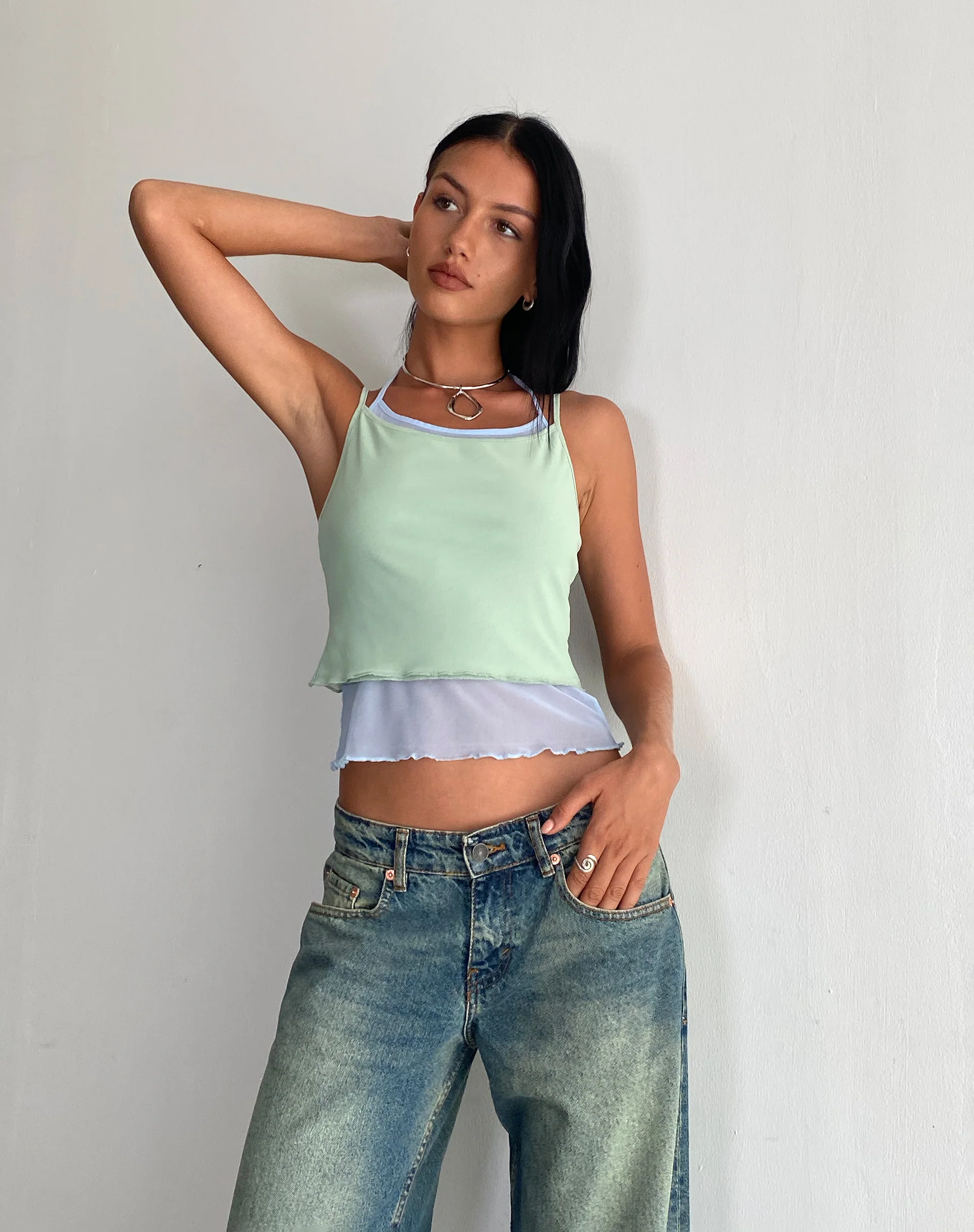 Sapphi Double Layered Cami Top in Frost Blue and Sage Green - Awmao