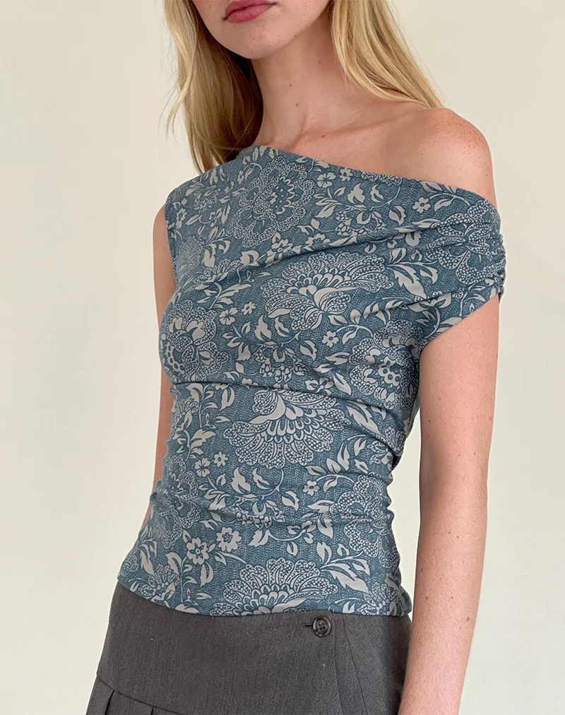 Calypso Top in Blue Ornate Print Lycra - Awmao