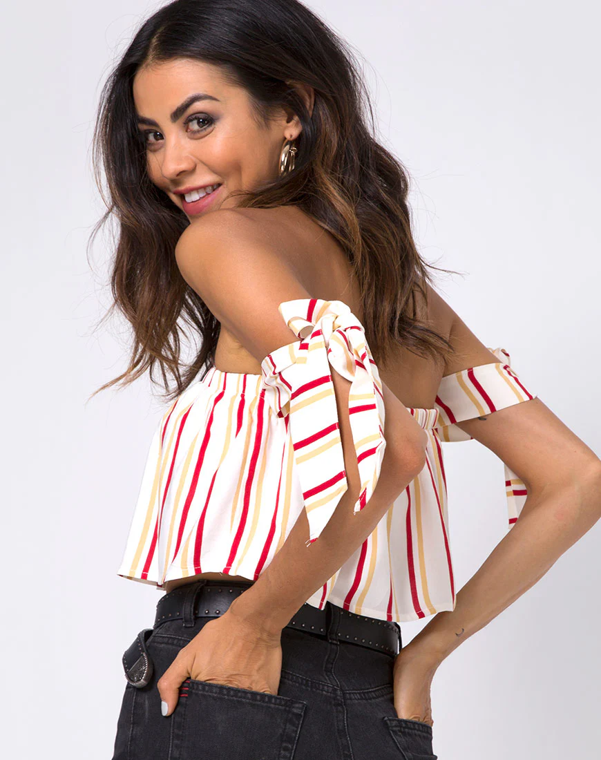 Kroes Crop Top in 70's Ivory Vertical Stripe - Awmao