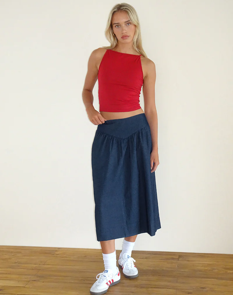 Seraya Midi Skirt in Denim Chambray Indigo - Awmao