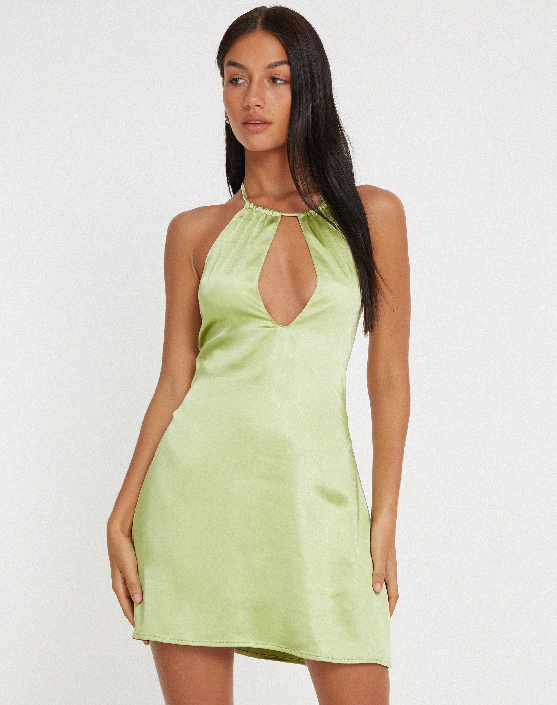 Rauna Mini Dress in Satin Nile Green - Awmao